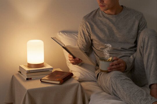 Man reading book holding hot drink bedside under soft lamp light