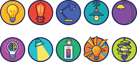 Creative light bulb icon set with lamp switch brain electricity elements for business idea innovation banner design © MstLaky