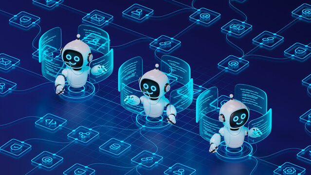 AI agent robot workflow automation orchestrator artificial intelligence data coding icon flow process assistant technology futuristic 3d rendering.