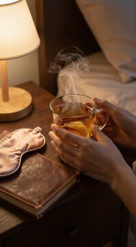 Hands holding steaming mug beside bed in bedroom at night