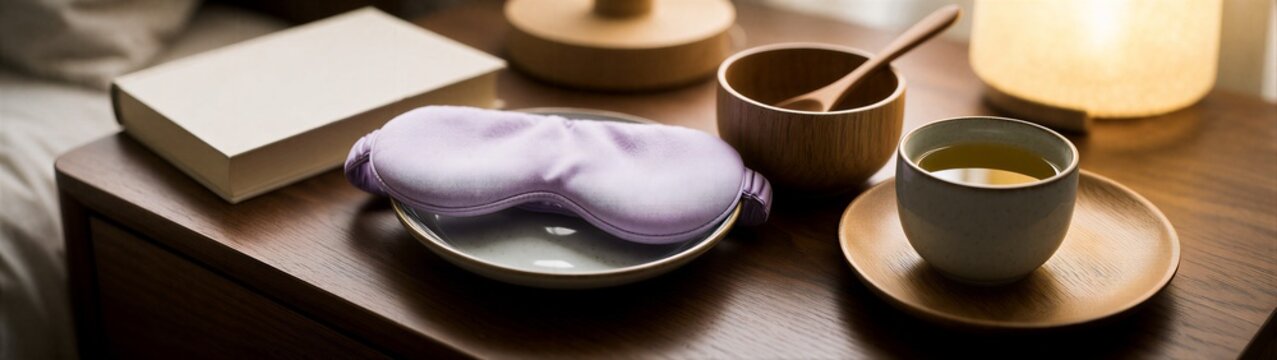 Sleep mask resting beside tea cup on bedroom nightstand