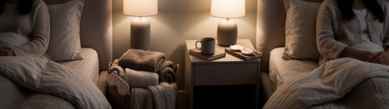 Two people sitting on beds beside lit lamps in bedroom