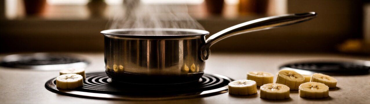 Small saucepan steaming on stovetop with banana slices nearby