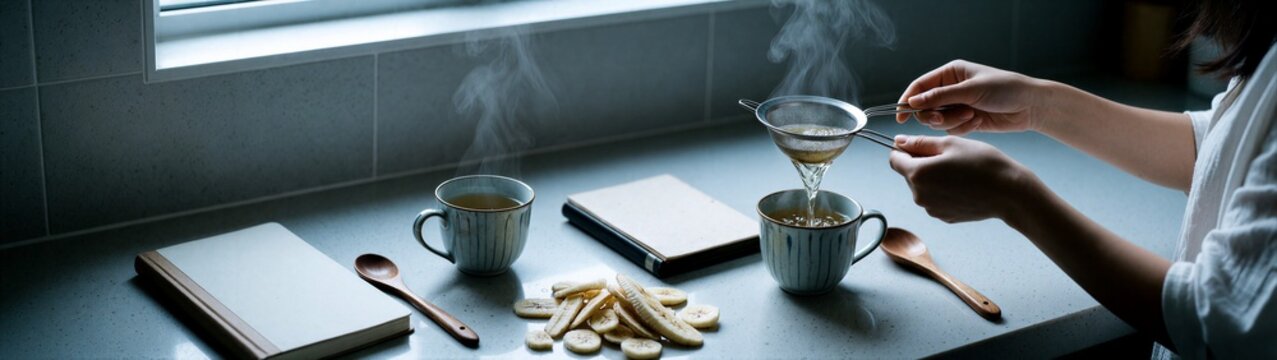 Pouring tea through strainer on windowsill with notebooks