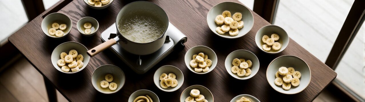 Banana slices placed in bowls on wooden dining table