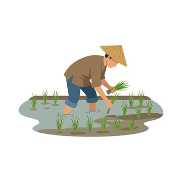A flat vector illustration of an Asian farmer planting rice seedlings in a traditional paddy field landscape