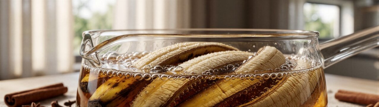 Banana infusion steeping in glass teapot on table