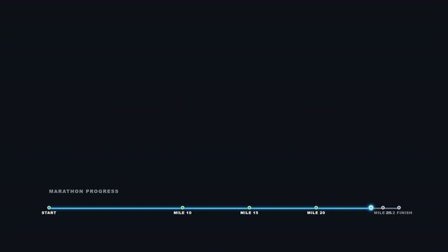 Minimalist marathon progress bar graphic showing race milestones on a dark background.