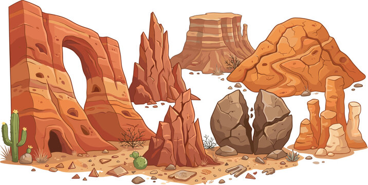 Desert canyon landscape vector illustration with red rock formations mountain arches split boulder and cactus isolated,