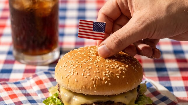 Hand sprinkling sesame seeds on burger bun with American flag toothpick at outdoor picnic