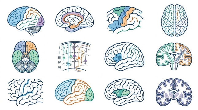 Colorful illustrated human brain anatomy diagrams.