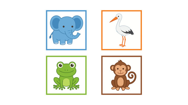 Cute vector illustration set of four baby animal cards including elephant, stork, frog, and monkey in doodle outline style