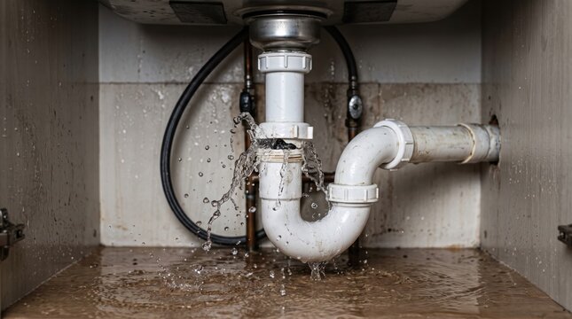 Leaking sink drain pipe beneath a kitchen cabinet with water spraying from a damaged connection and pooling below, illustrating plumbing failure, water damage and home maintenance