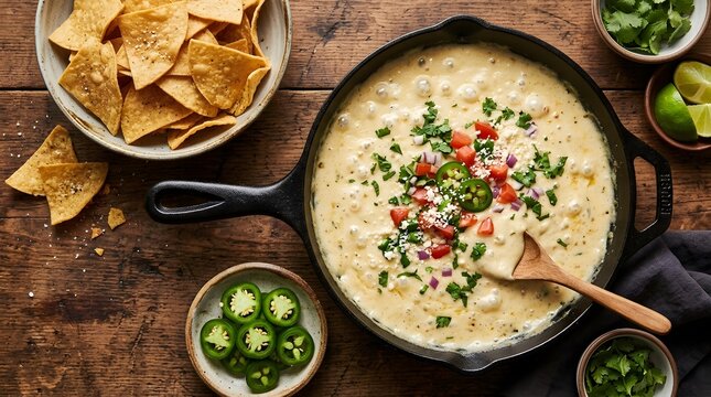 Cast iron skillet with creamy cheese dip and tortilla chips on a rustic wooden table perfect for national queso day