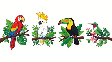 Naklejka premium Flat vector illustration set of exotic tropical birds including cockatoo, toucan, parrot, and hummingbird with flowers and leaves