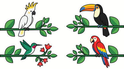 Naklejka premium Flat vector illustration set of exotic tropical birds including cockatoo, toucan, parrot, and hummingbird with flowers and leaves