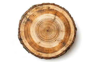 Fototapeta premium Top view of a round wood cross section with distinct annual growth rings and rough bark, isolated on a clean white background