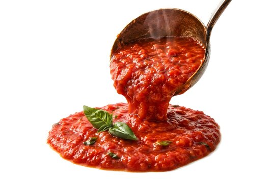 Rich Tomato Marinara Sauce with Basil and Rustic Ladle Pour