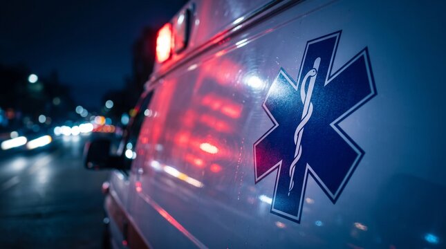Glowing Star of Life emblem on an ambulance vehicle side panel during a night emergency.