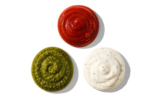 Red Green and White Sauce Trio in Minimal Triangle Arrangement