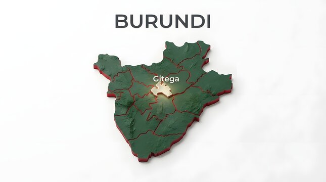 3d map of burundi with gitega capital city highlighted as a central golden puzzle piece
