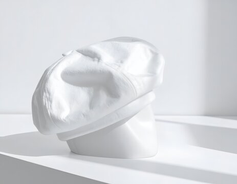 White flat cap on minimalist geometric stand.