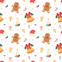 Naklejka premium Christmas seamless pattern set featuring gingerbread bell candle santa hat character candy cane sack star holly snowflake holiday winter decoration