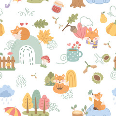 Naklejka premium Autumn seamless pattern set featuring fox pumpkin pear scarf chestnut mushroom umbrella stump jar jam mug branch fence cloud rain