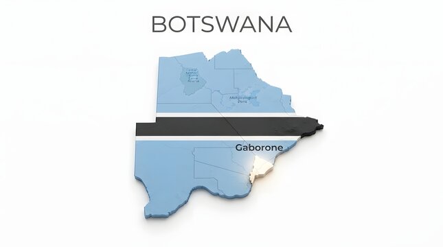 3d map of botswana with the national flag pattern and the capital city gaborone labeled