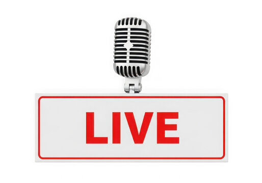 Live broadcast sign with a vintage microphone icon for radio and podcast media shows isolated on transparent background