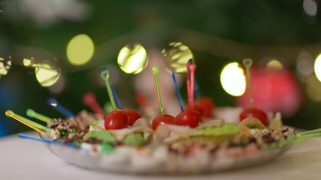 Festive Party Appetizers with Cherry Tomatoes and Bokeh Lights