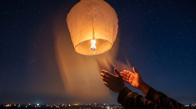Person releasing a glowing paper sky lantern into the night sky at a festival event.