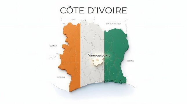 Map of cote d ivoire with national flag colors and the capital city yamoussoukro highlighted