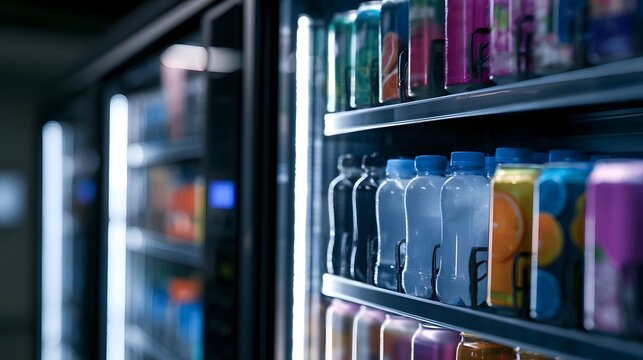 Modern vending hine with illuminated shelves ed with bottled and canned beverages in a dimly lit setting