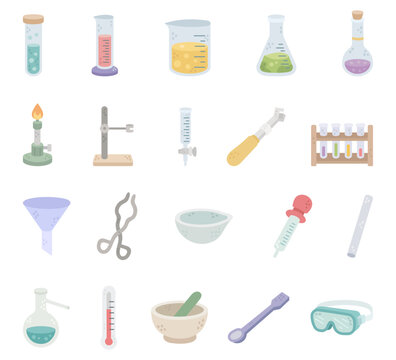 Chemistry laboratory set featuring glassware instruments tube beaker cylinder flask burner stand burette funnel tongs pipette thermometer mortar pestle goggles