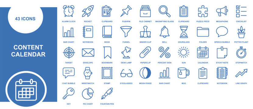 Collection of forty three blue outline icons for content calendar planning and office organization tools