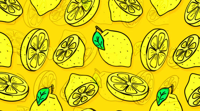 Fresh sliced lemons and seamless pattern isolated on yellow background. Vibrant and clean seamless pattern design fresh yellow lemons slices and green leaves.