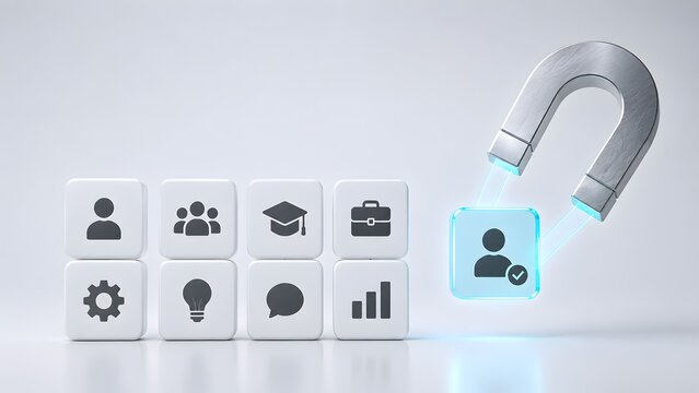 Inbound recruitment and talent attraction concept with large magnet pulling a glowing candidate block from corporate skill icons.