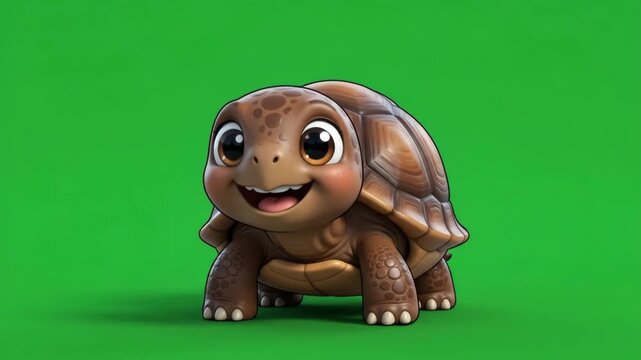 Happy little cartoon turtle with a big smile on a vibrant green background, perfect for children's content.
