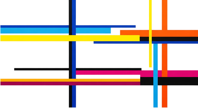 Minimalist geometric abstract art, colorful intersecting lines on white background, modern de stijl inspired composition for web design