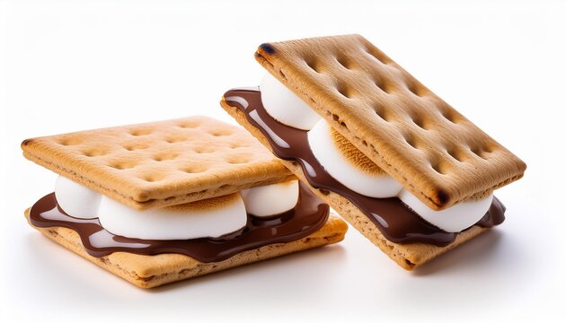 two delicious smore dessert snacks with melted chocolate and marshmallow on graham crackers sweet indulgent isolated food object