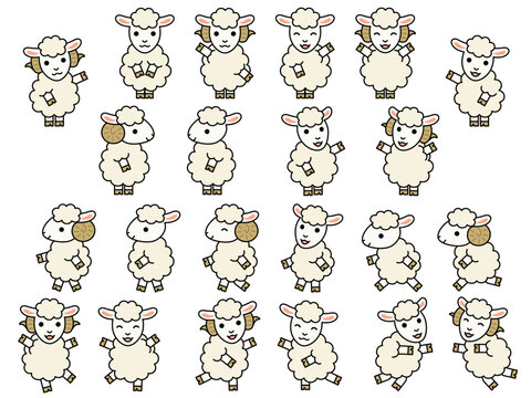 線画つきの白い二足歩行の羊のキャラクターのイラストセット