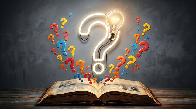 Neon question mark emerging from open book, glowing letters
