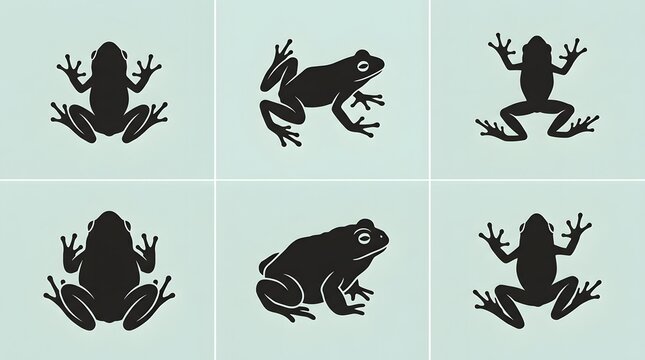 A collection of black frog silhouettes arranged in a grid pattern on a light blue background representing various amphibian poses and natural wildlife