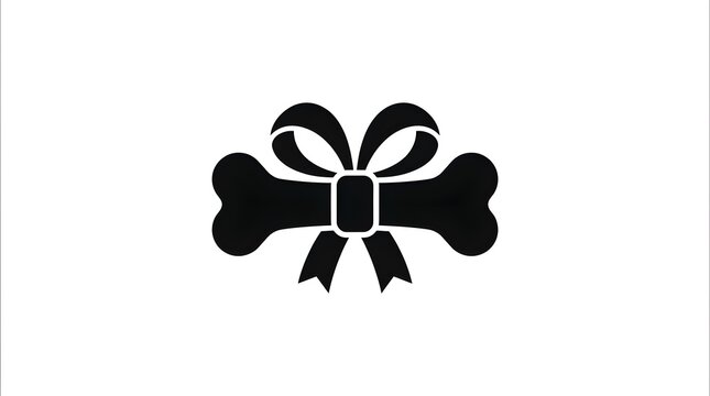 A black silhouette icon of a dog bone tied with a decorative gift ribbon bow isolated on a plain white background for design