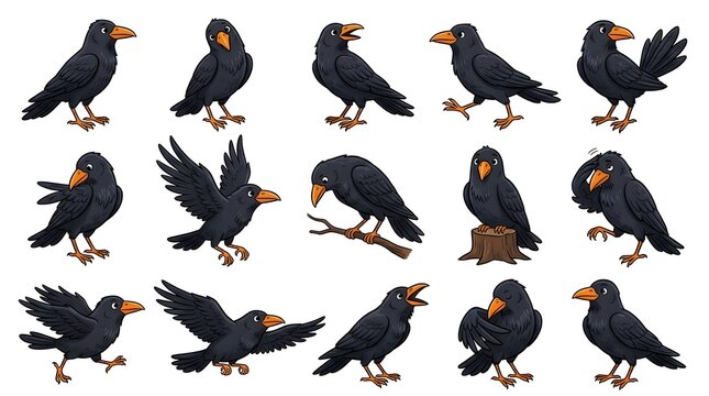 A collection of various black crow illustrations featuring different poses and expressions isolated on a white background for creative design and artistic projects