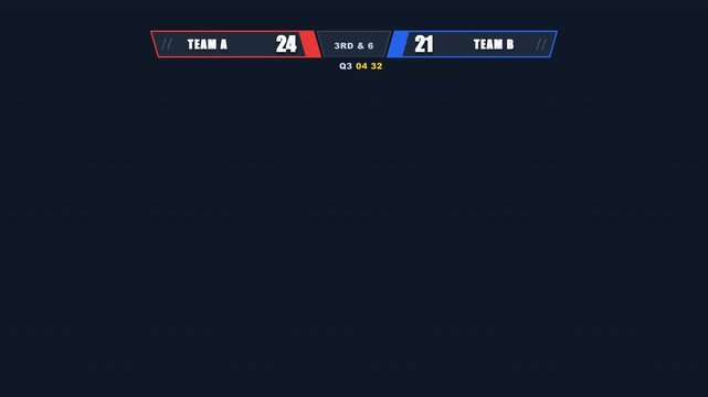 Digital sports scoreboard overlay displaying team scores and match timer on a dark background.