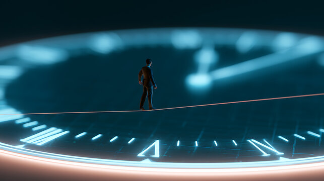 A miniature businessman figure stand balanced upon a glowing blue clock face representing business strategy, deadline management and risk control