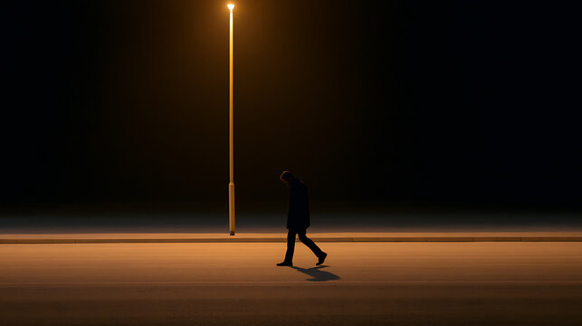 Lonely person walk alone under street light in dark night city street landscape silhouette view with mysterious atmosphere mood and dark tone