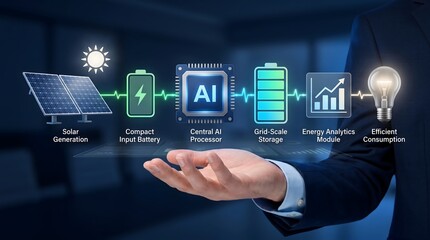 Obraz premium AI-powered smart grid with solar energy generation and storage